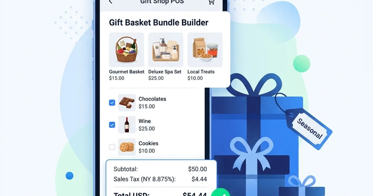 RetaPOS gift shop POS system showing gift-basket bundling, seasonal inventory and sales-tax billing on smartphone