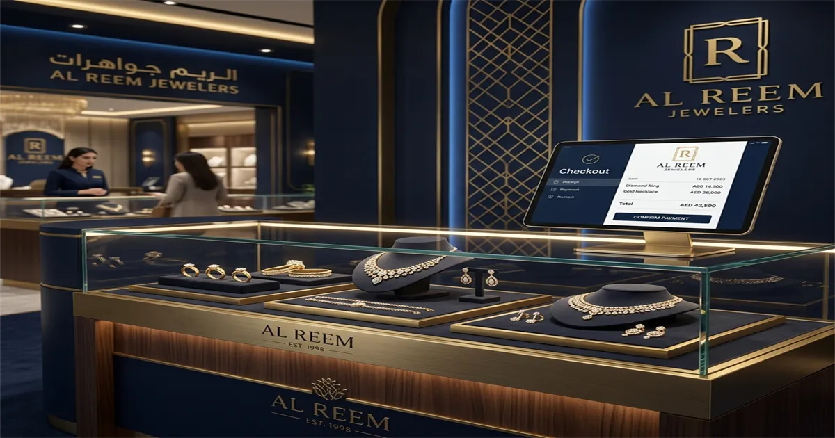 RetaPOS jewelry store POS system showing karat and weight billing with design code inventory on smartphone in UAE