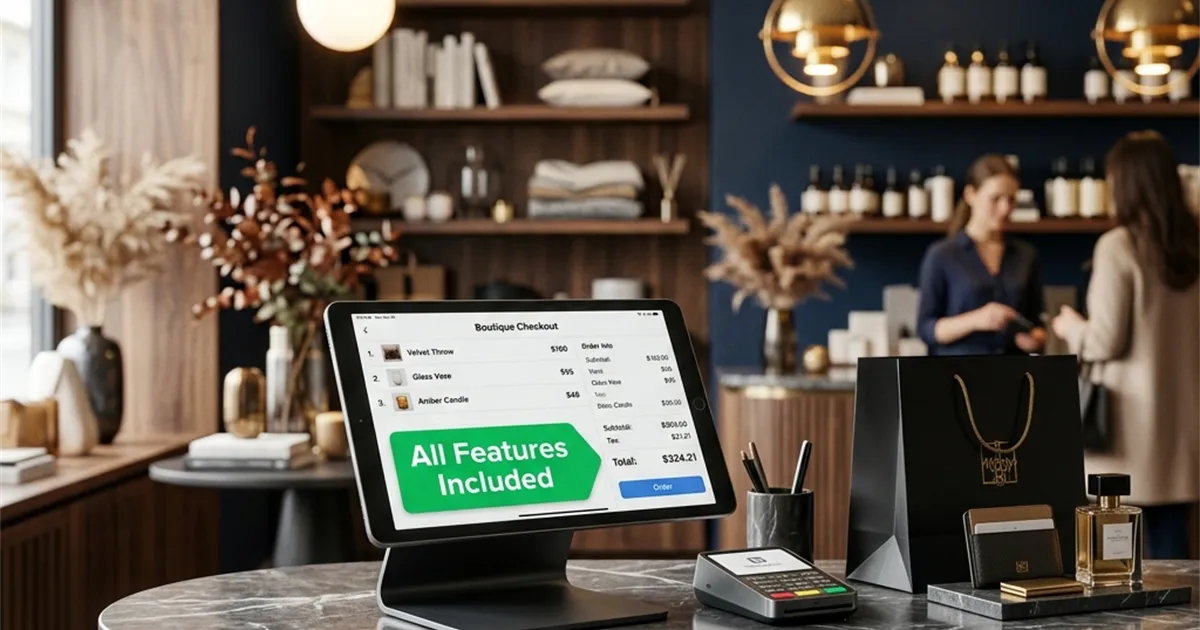 RetaPOS as a Loyverse POS alternative showing flat all-in mobile billing with no per-feature add-ons on smartphone