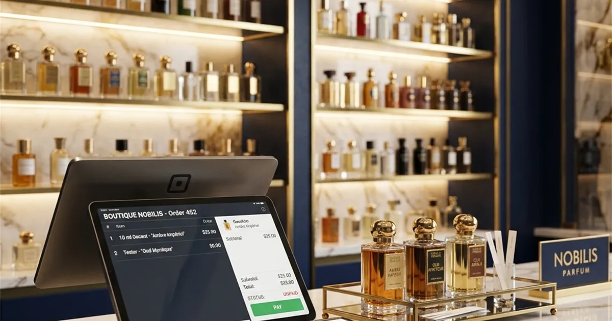 RetaPOS perfume store POS showing brand-wise inventory, tester tracking and per-ml decant billing on smartphone