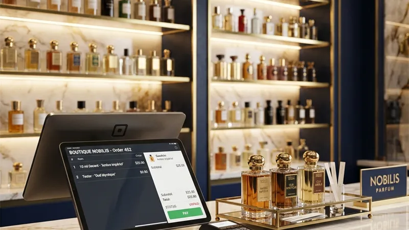 RetaPOS perfume store POS showing brand-wise inventory, tester tracking and per-ml decant billing on smartphone