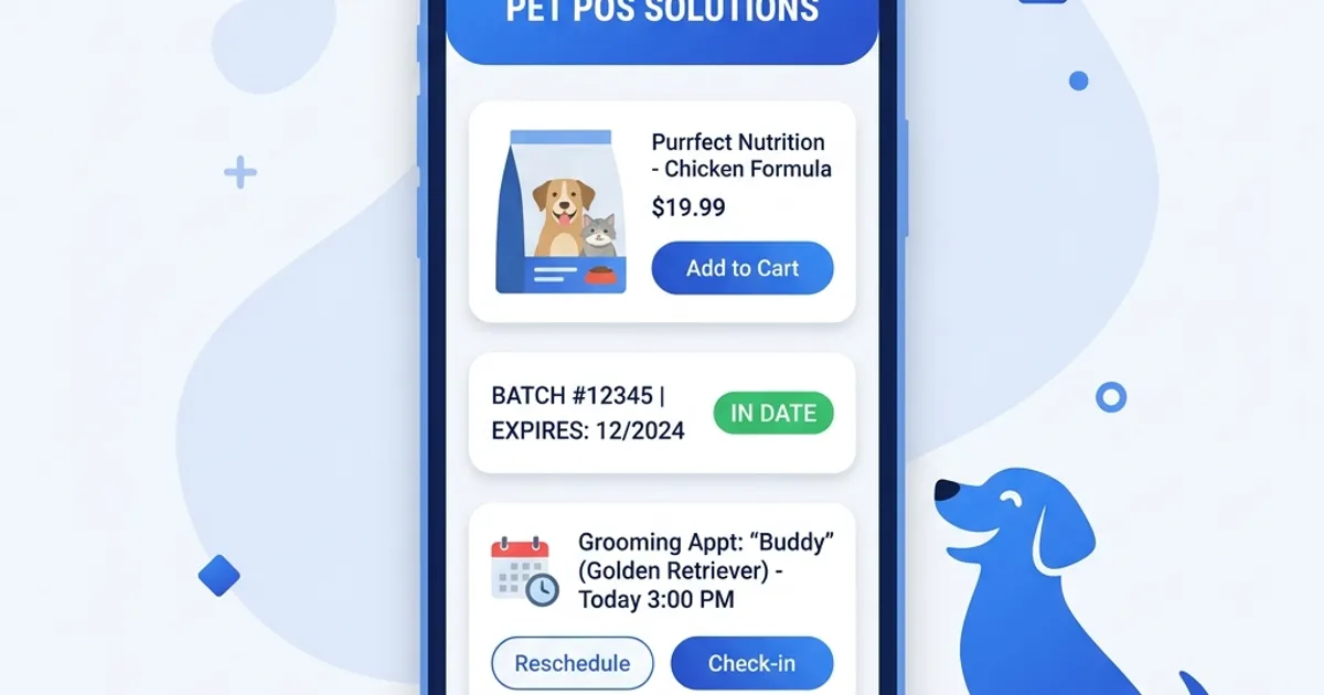 RetaPOS pet store POS system showing pet food expiry tracking, grooming appointments and breed profiles on smartphone