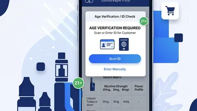 RetaPOS vape shop POS system showing age verification, e-liquid variant matrix and inventory on smartphone