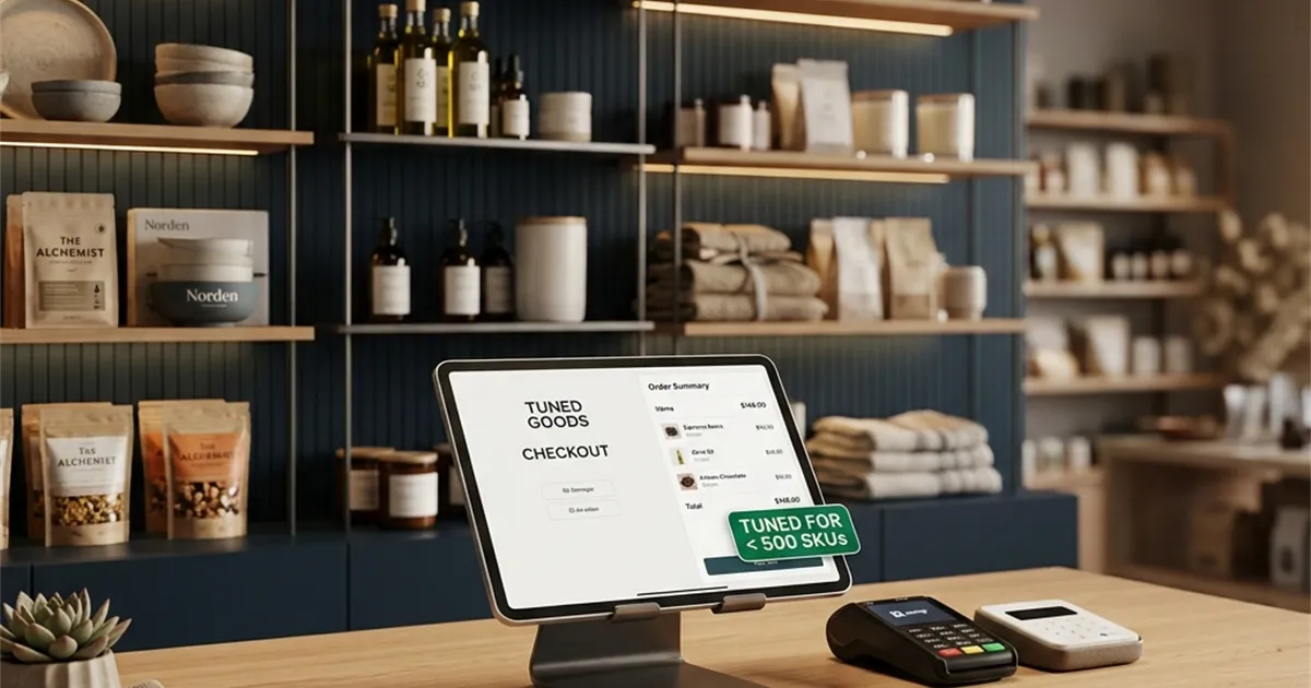 RetaPOS as a Vend POS alternative showing flat-price mobile billing tuned for small retail under 500 SKUs on smartphone